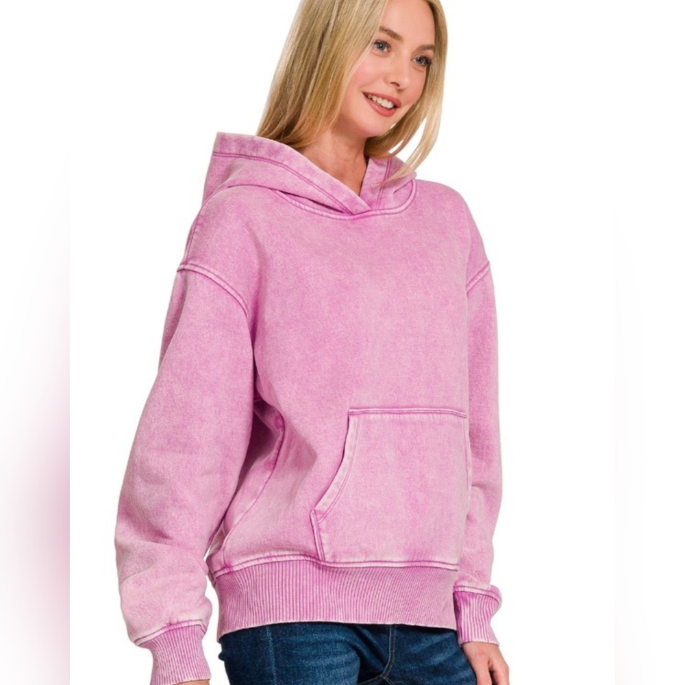 Mauve Acid Wash Fleece Lined Hoodie